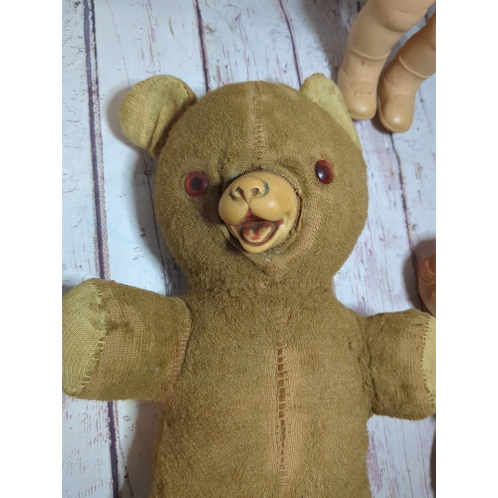 Vintage 50s Toy Lot Of 3 Ideal Toys Teddy Bear, Sun Rubber Doll & Squeaker Doll - Picture 4 of 11